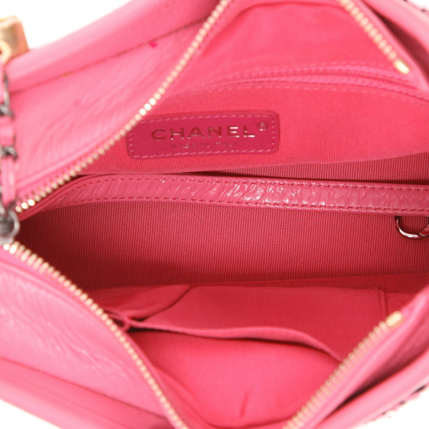 Sac bandoulière Chanel  Gabrielle  petit modèle  en tweed rose et noir et cuir rose - Detail D3