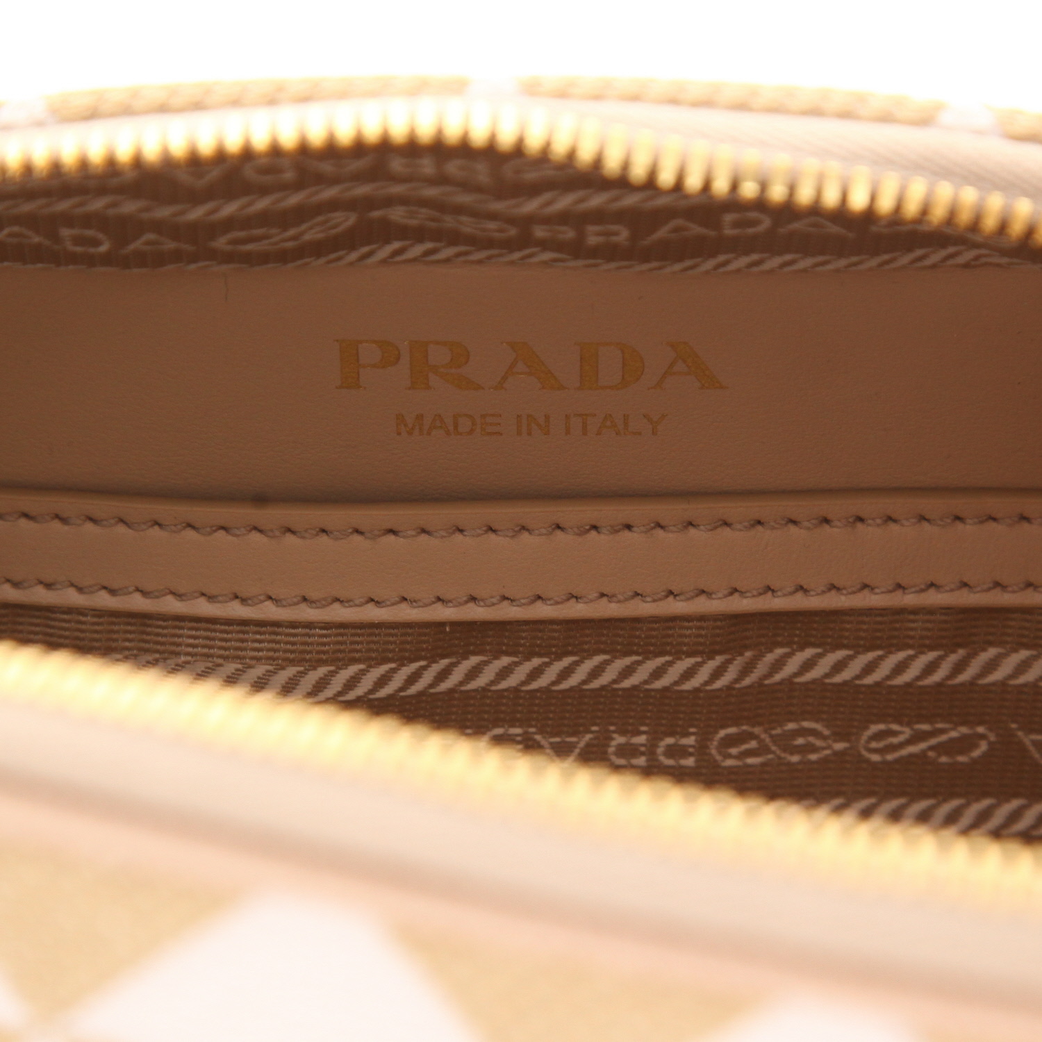 Prada  Symbole shoulder bag  in beige and white logo canvas - Detail D2