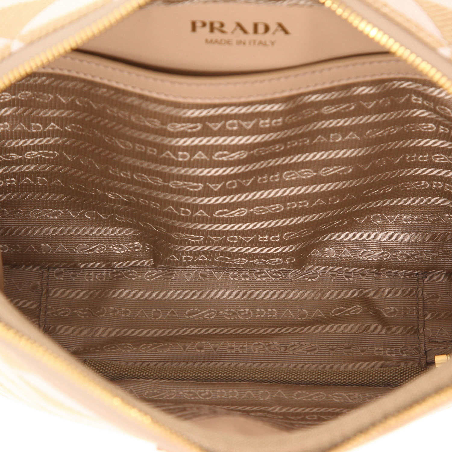 Prada  Symbole shoulder bag  in beige and white logo canvas - Detail D3