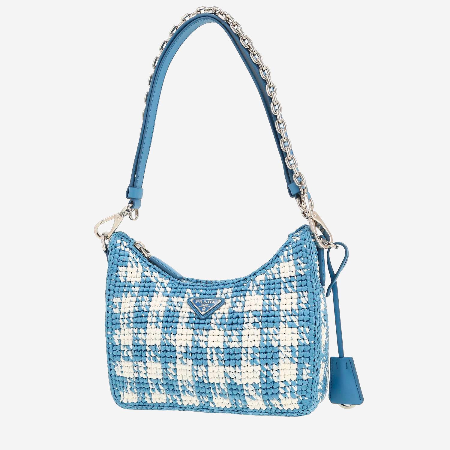 Bolso de mano Prada  Re-Edition 1978 en raffia azul y blanca y cuero azul