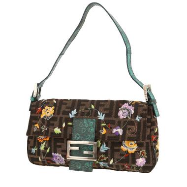 Fendi  Baguette handbag  in brown logo canvas  and green lizzard