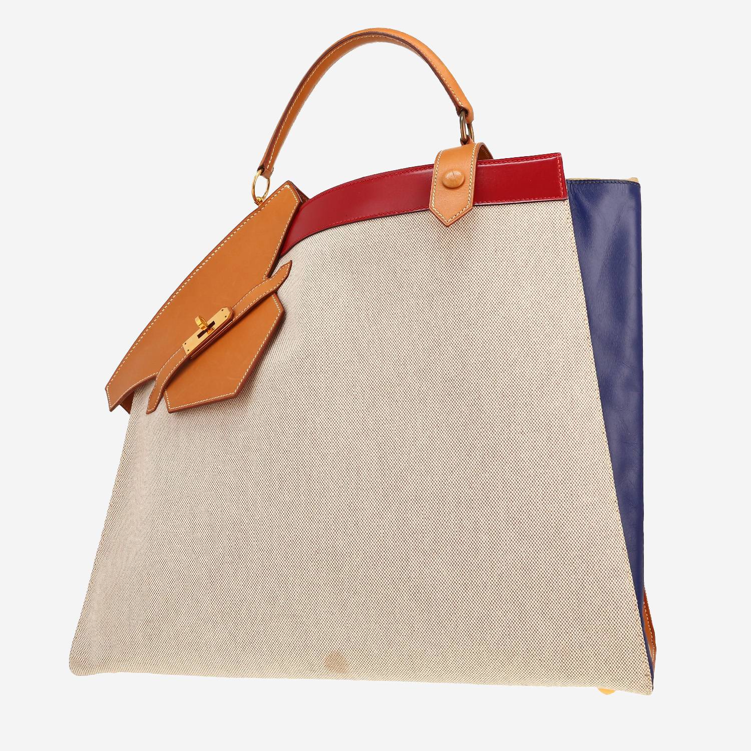 Borsa Hermès  Himalaya Symbiose in pelle blu rossa e gold e tela beige