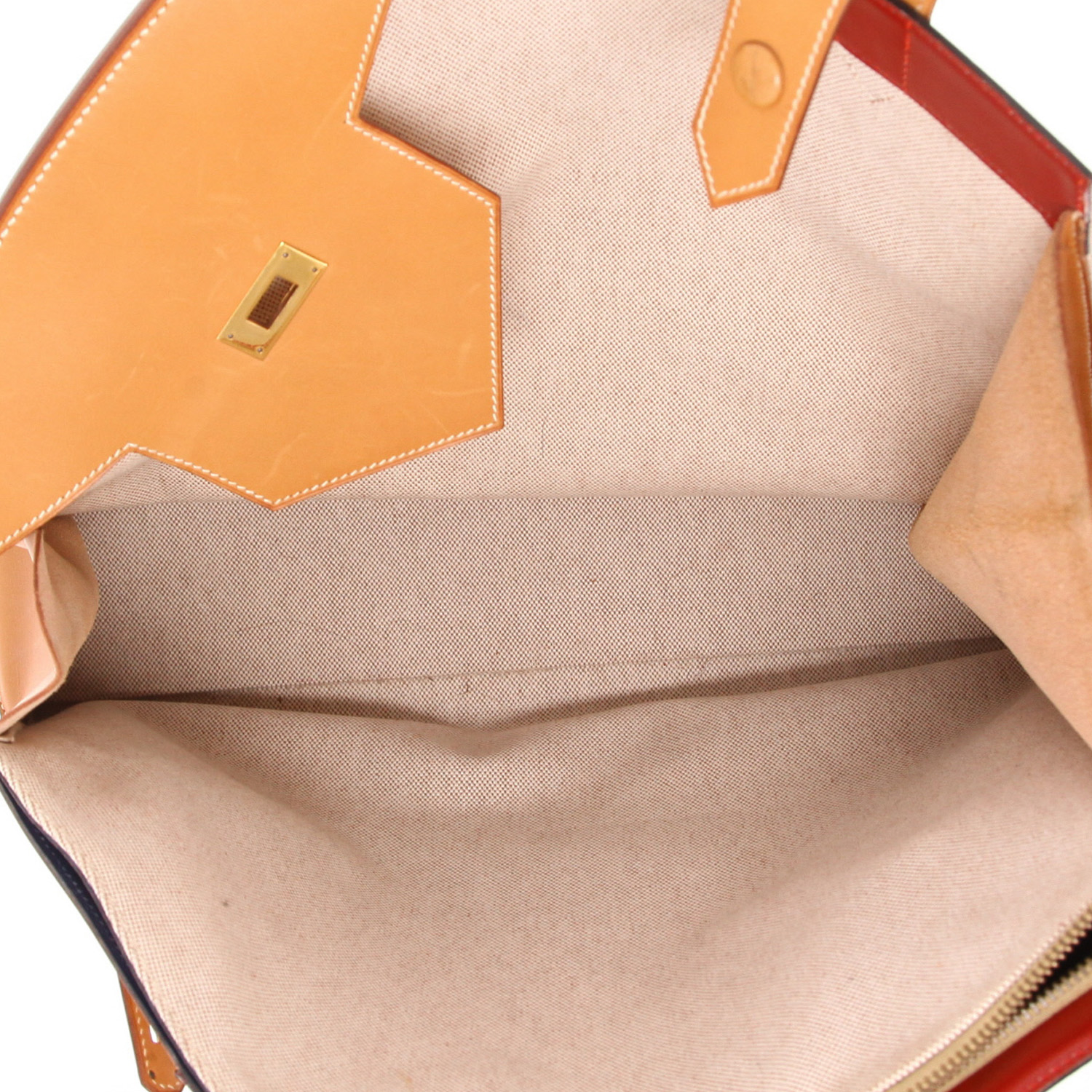 Sac à main Hermès  Himalaya Symbiose en cuir bleu rouge et gold et toile beige - Detail D3