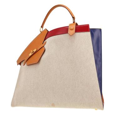 Hermès  Himalaya Symbiose handbag  in blue, red and gold leather  and beige canvas