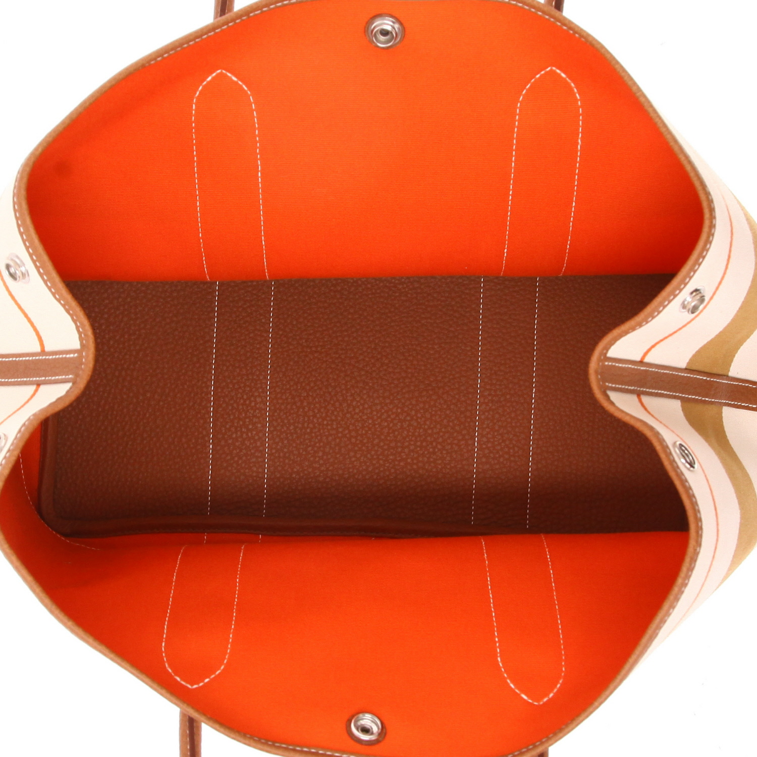 Sac cabas Hermès  Garden en toile dégradé beige, jaune rouge et orange et cuir gold - Detail D3