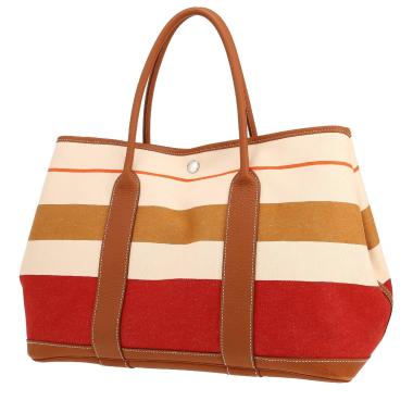Sac cabas Hermès  Garden en toile dégradé beige, jaune rouge et orange et cuir gold