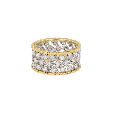 Anello a fascia Buccellati 3 File Fogliette in oro giallo, oro bianco e diamanti