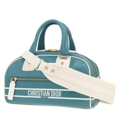 Sac à main Dior  Bowling en cuir lisse bleu et blanc