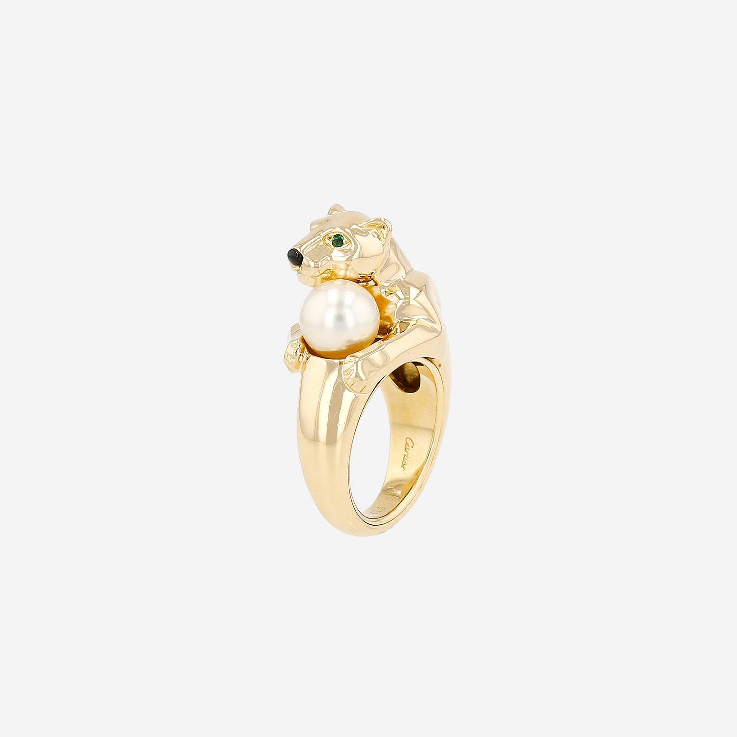 Sortija Cartier Panthère Vedra de oro amarillo, perla cultivada y ónix de esmeralda