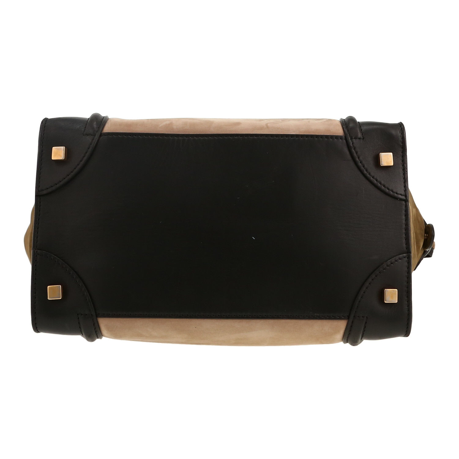 Bolso de mano Celine  Luggage Mini en Veau velours beige y caqui y cuero negro - Detail D1