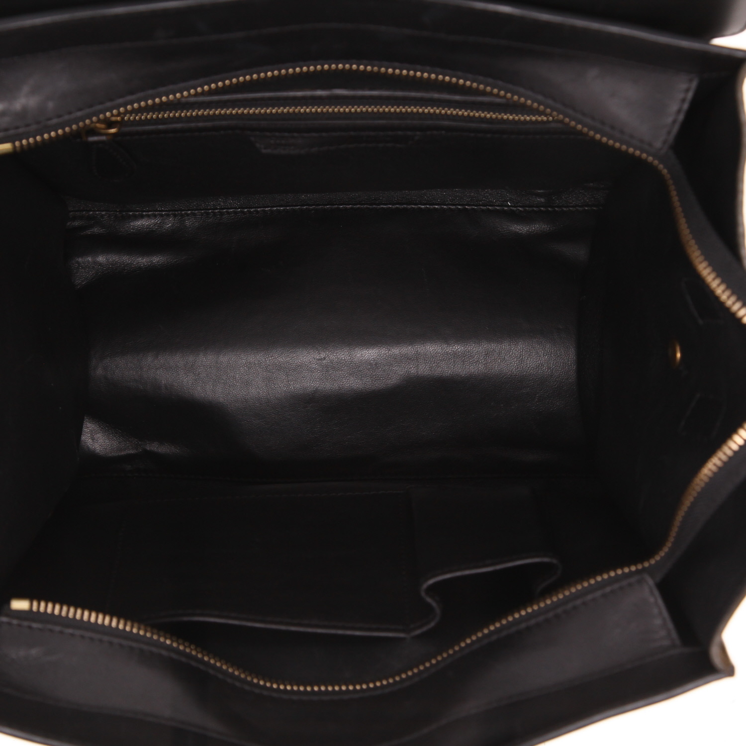 Sac à main Celine  Luggage Mini en Veau velours beige et vert-kaki et cuir noir - Detail D3