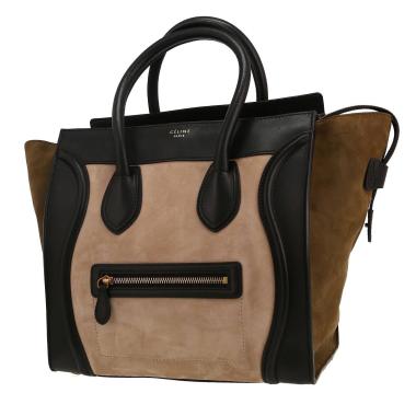 Bolso de mano Celine  Luggage Mini en Veau velours beige y caqui y cuero negro