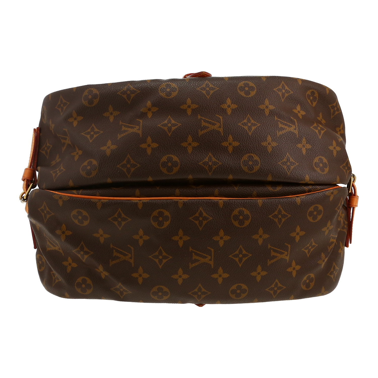 Sac bandoulière Louis Vuitton  Saumur moyen modèle  en toile monogram marron et cuir naturel - Detail D1