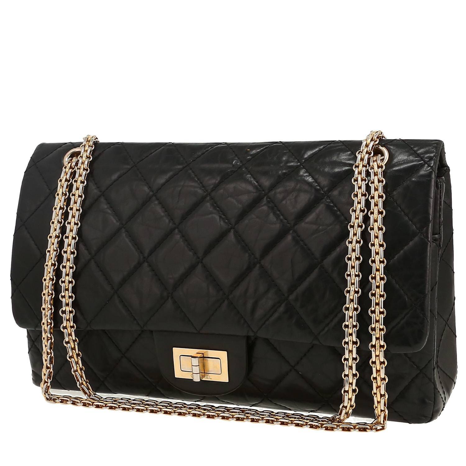Chanel 2.55 large model shoulder bag in black quilted leather