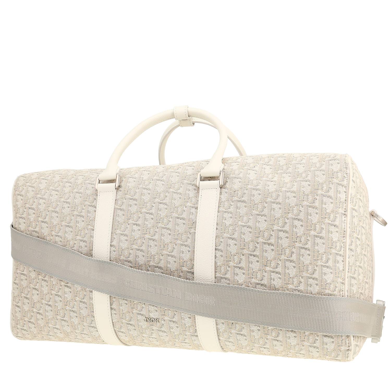 Borsa da viaggio Dior   in tessuto a monogramma Oblique bianco e pelle bianca