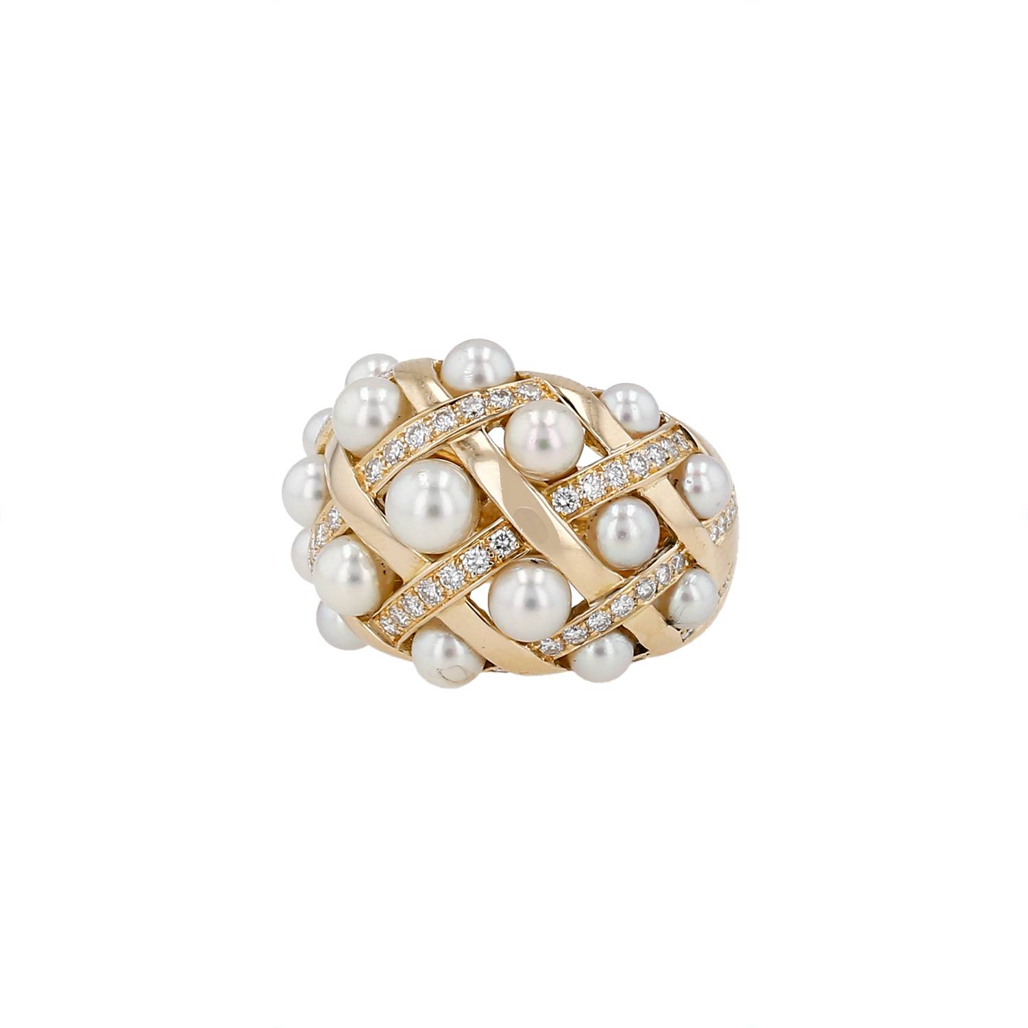 Bague Chanel Baroque grand modèle vintage en or jaune, perles de culture et diamants - 00pp