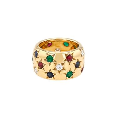 Bague bandeau Cartier  en or jaune, émeraudes, saphirs, rubis et diamants