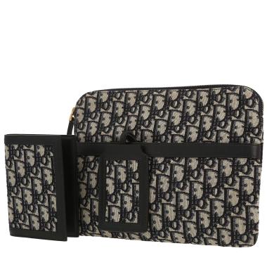 Bolsito de mano Dior   en lona Monogram Oblique azul y cuero azul