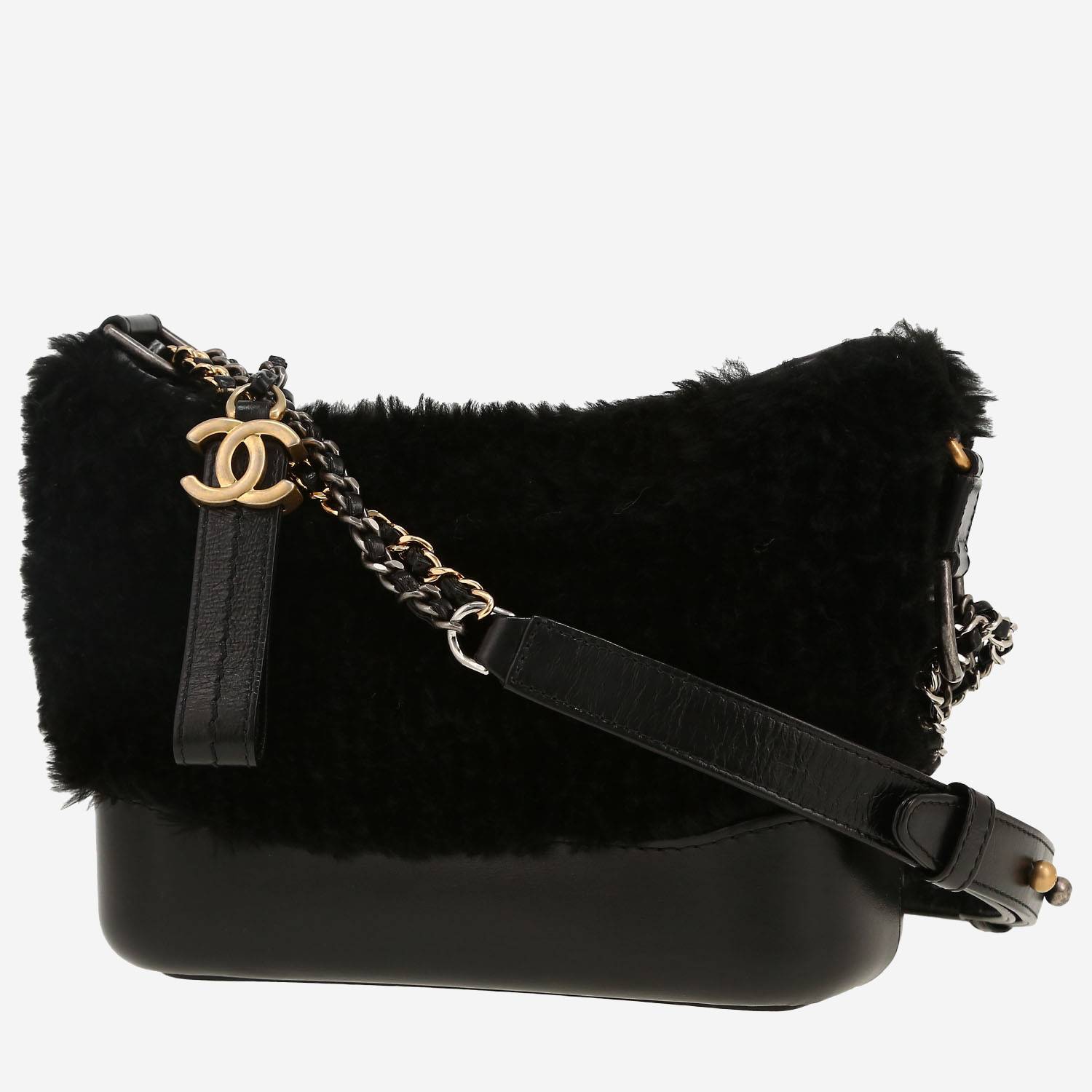 Borsa a tracolla Chanel  Gabrielle  modello piccolo  in pelle nera e pelliccia sintetica nera