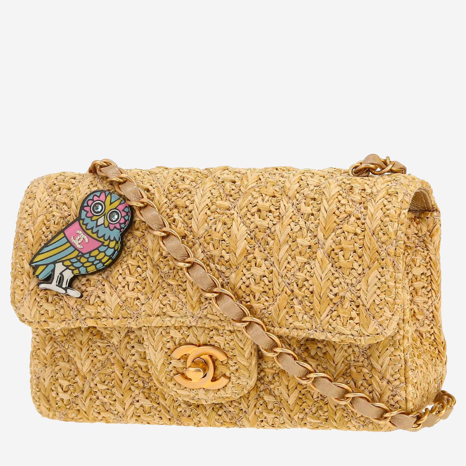 Borsa a tracolla Chanel  Mini Timeless in rafia beige e pelle dorata
