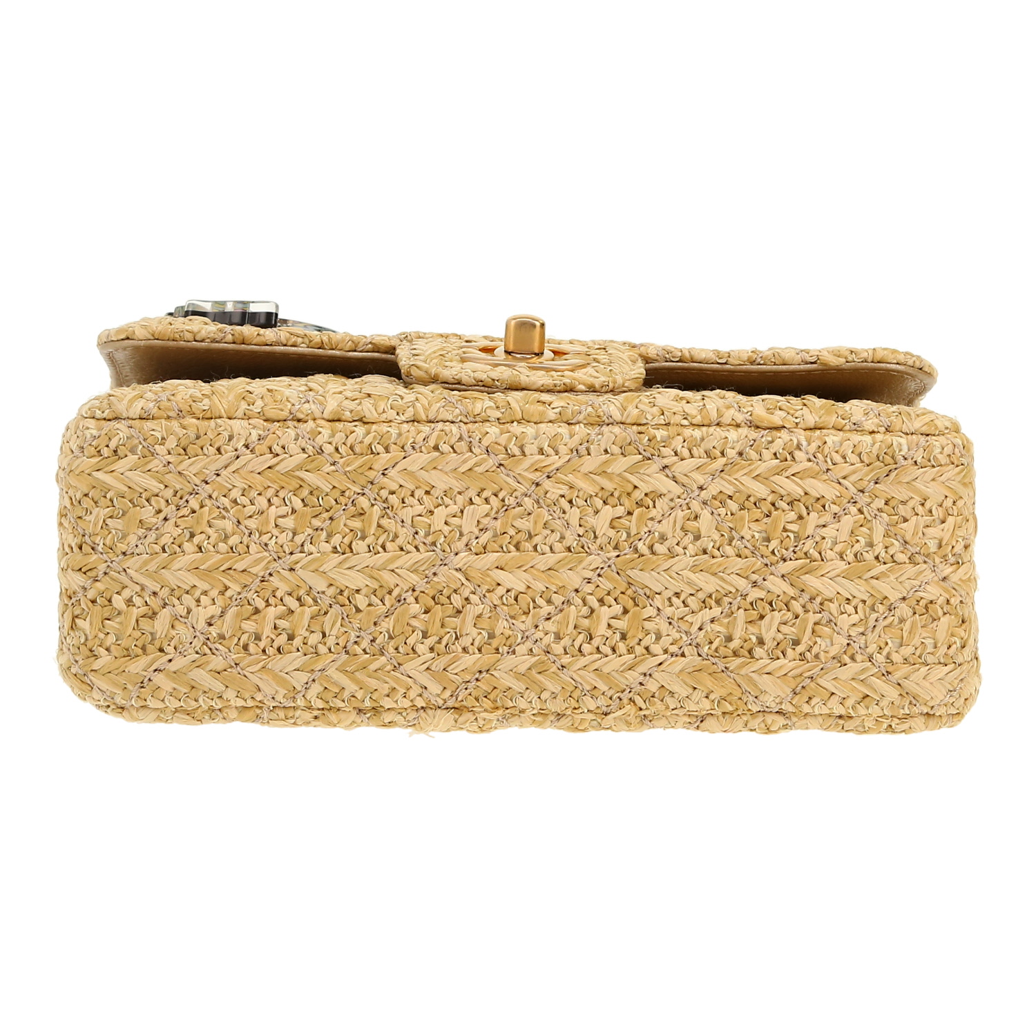 Sac bandoulière Chanel  Mini Timeless en raffia beige et cuir doré - Detail D1