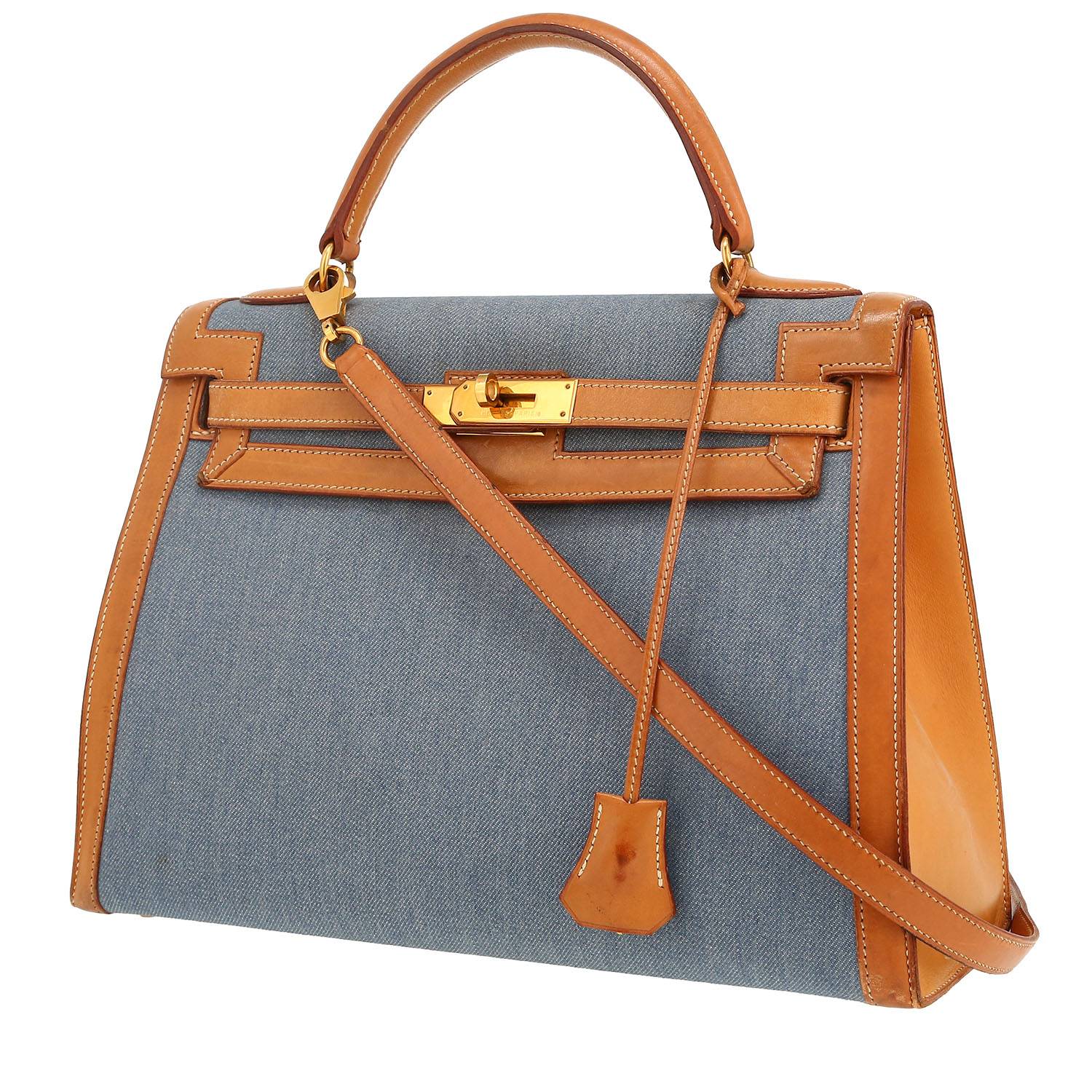 Sac à main Hermès  Kelly 32 cm en cuir naturel et toile denim bleue