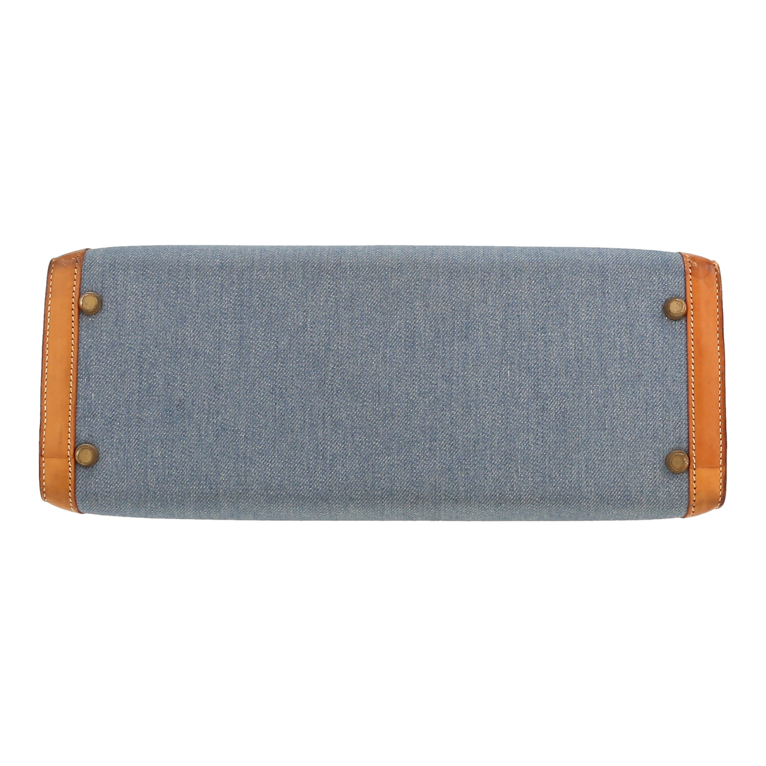 Bolso de mano Hermès  Kelly 32 cm en cuero natural y lona denim azul - Detail D1