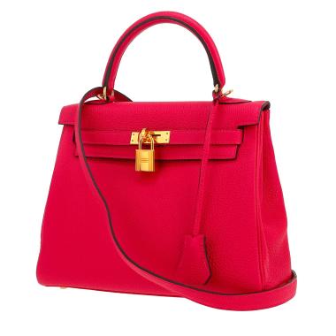 Borsa Hermès  Kelly 25 cm in pelle togo rosa lampone