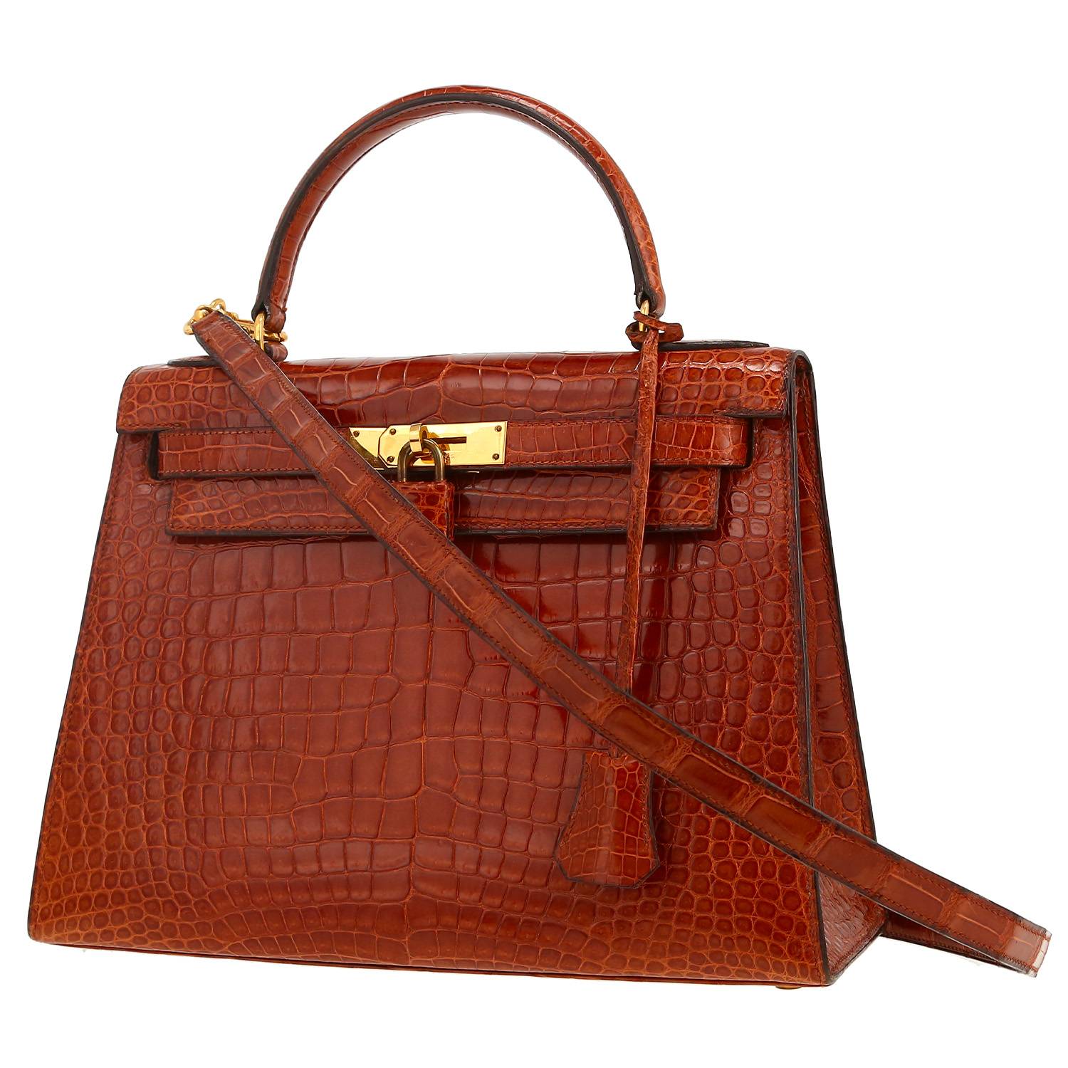 Sac à main Hermès  Kelly 28 cm en crocodile marron-caramel