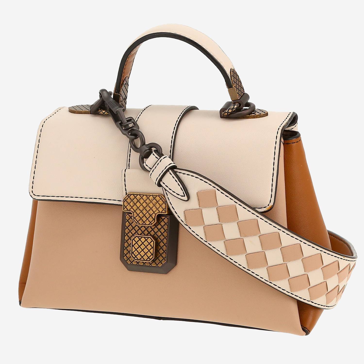 Bolso bandolera Bottega Veneta  Piazza modelo pequeño  en cuero beige blanquecino y marrón