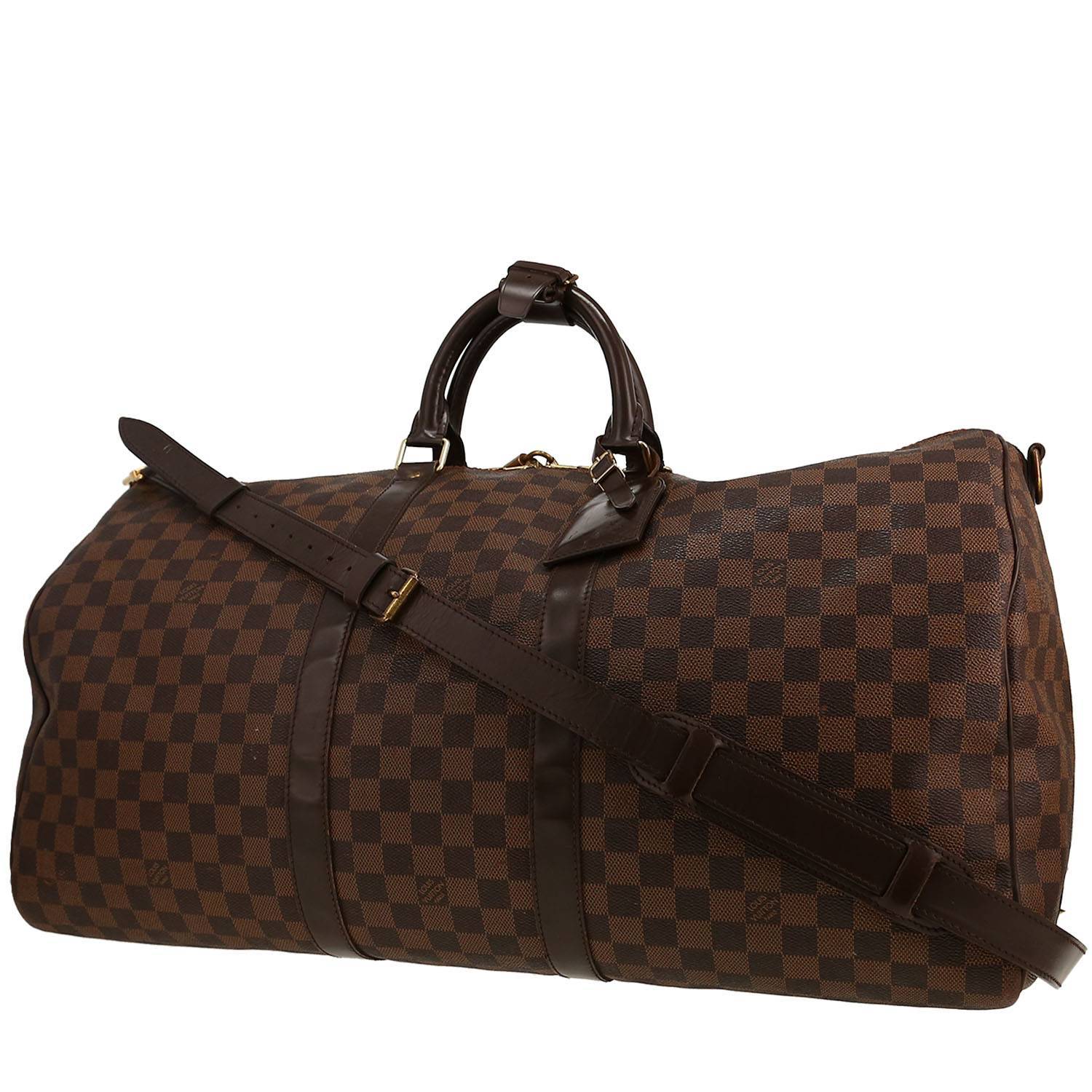 Borsa da viaggio Louis Vuitton  Keepall 55 in tela a scacchi ebana e pelle marrone