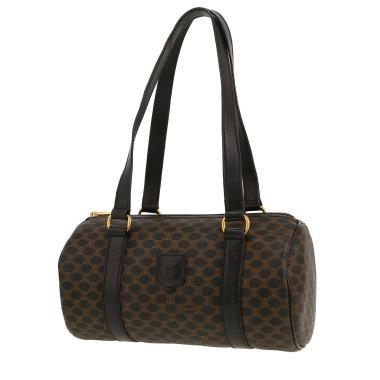 Celine   handbag  in brown and black "Triomphe" canvas  and black leather