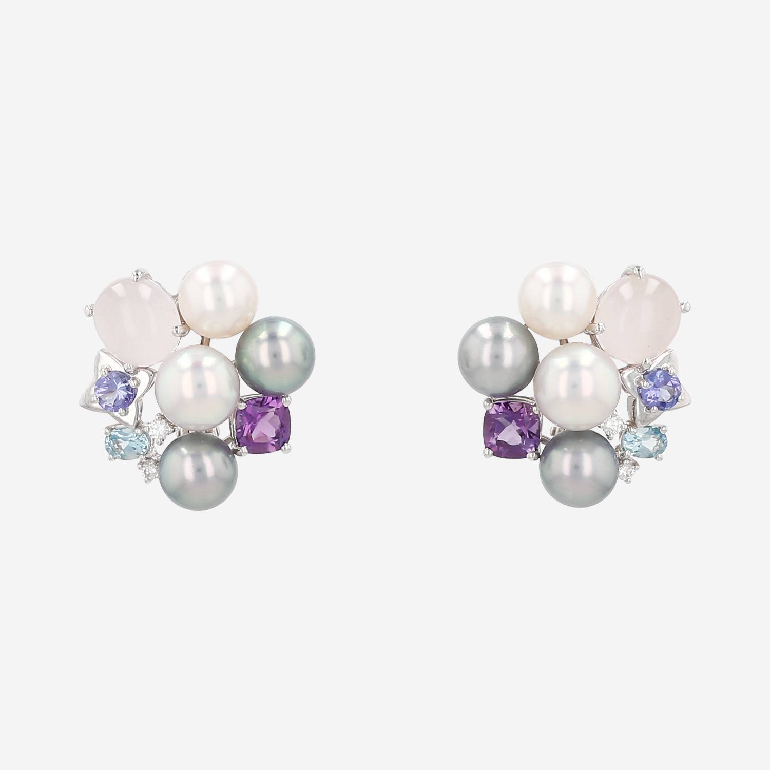 Tasaki  earrings in white gold, cultured pearls and colored stones, in cultured pearls and in cultured pearls