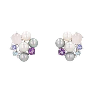 Orecchini Tasaki  in oro bianco, perle coltivate e pietre colorate, in perle coltivate bianco e perle coltivate grigio