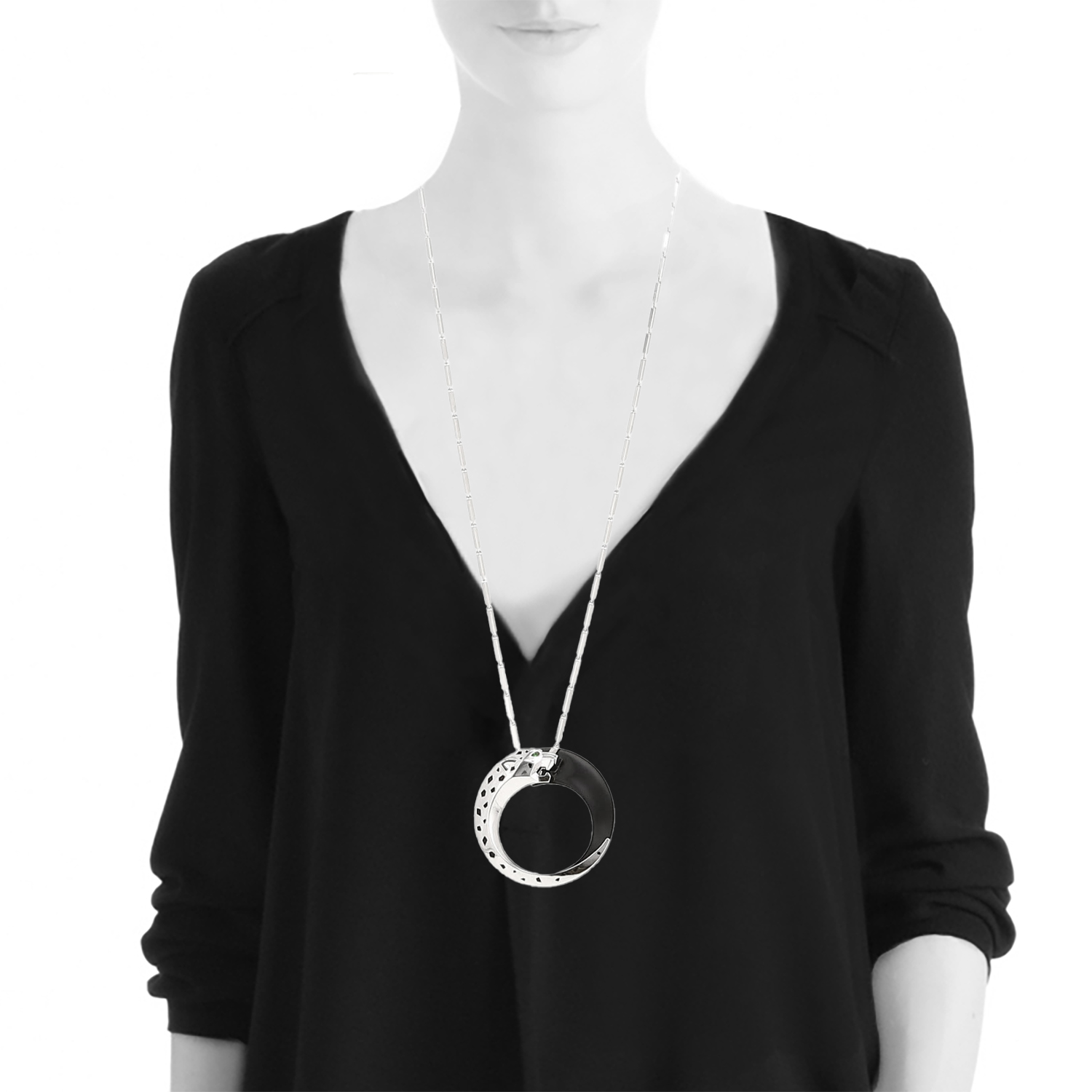 Collana lunga Cartier Panthère in oro bianco, onice e smeraldo - Detail D1