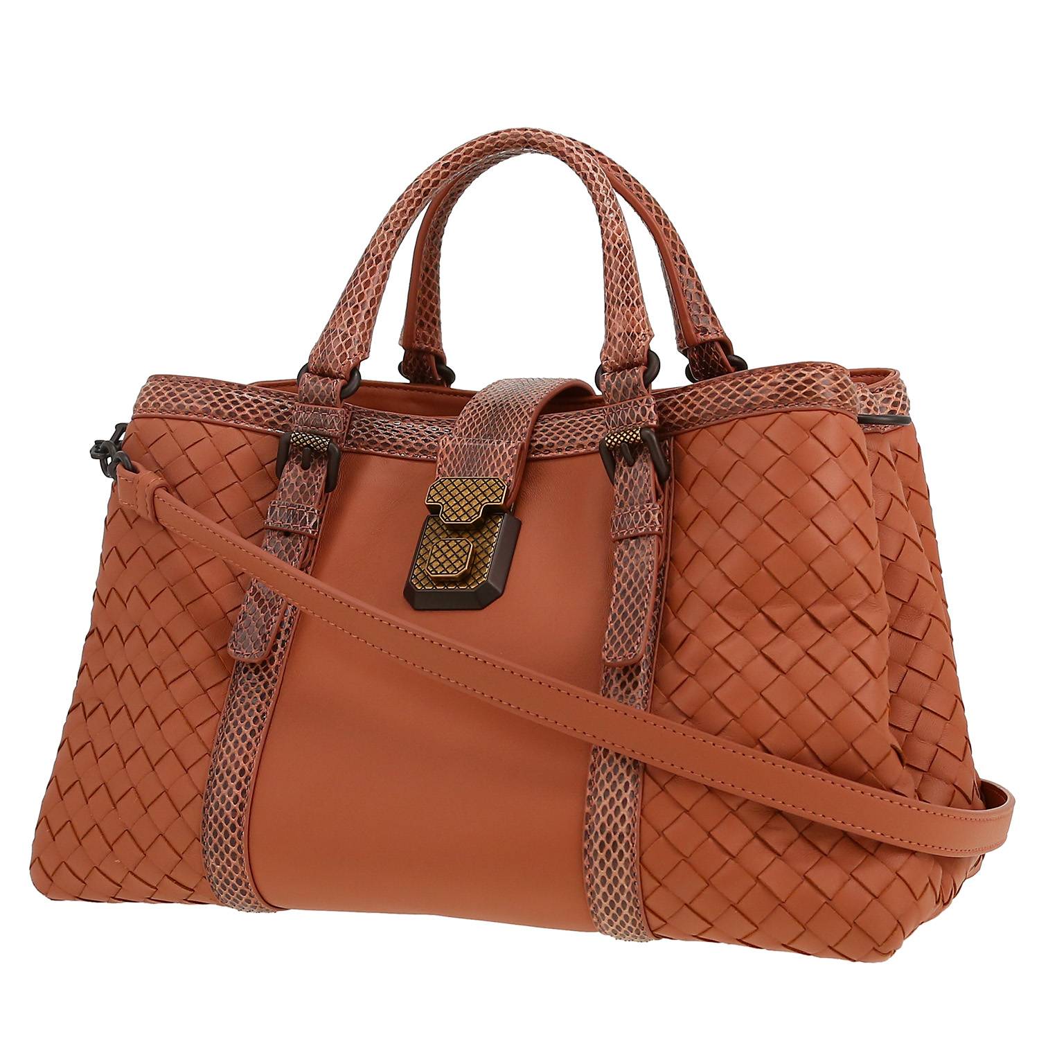 Bolso de mano Bottega Veneta  Roma en cuero intrecciato rosa y serpiente de agua rosa