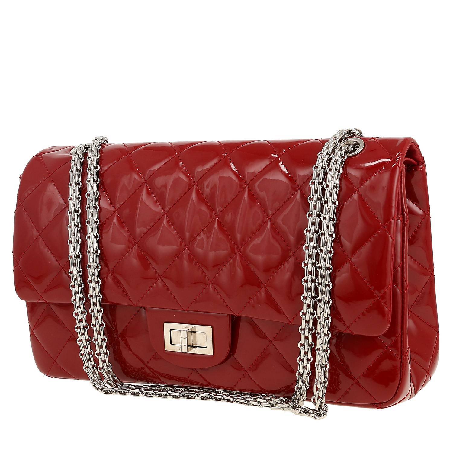 Chanel 2.55 large model handbag in red patent quilted leather