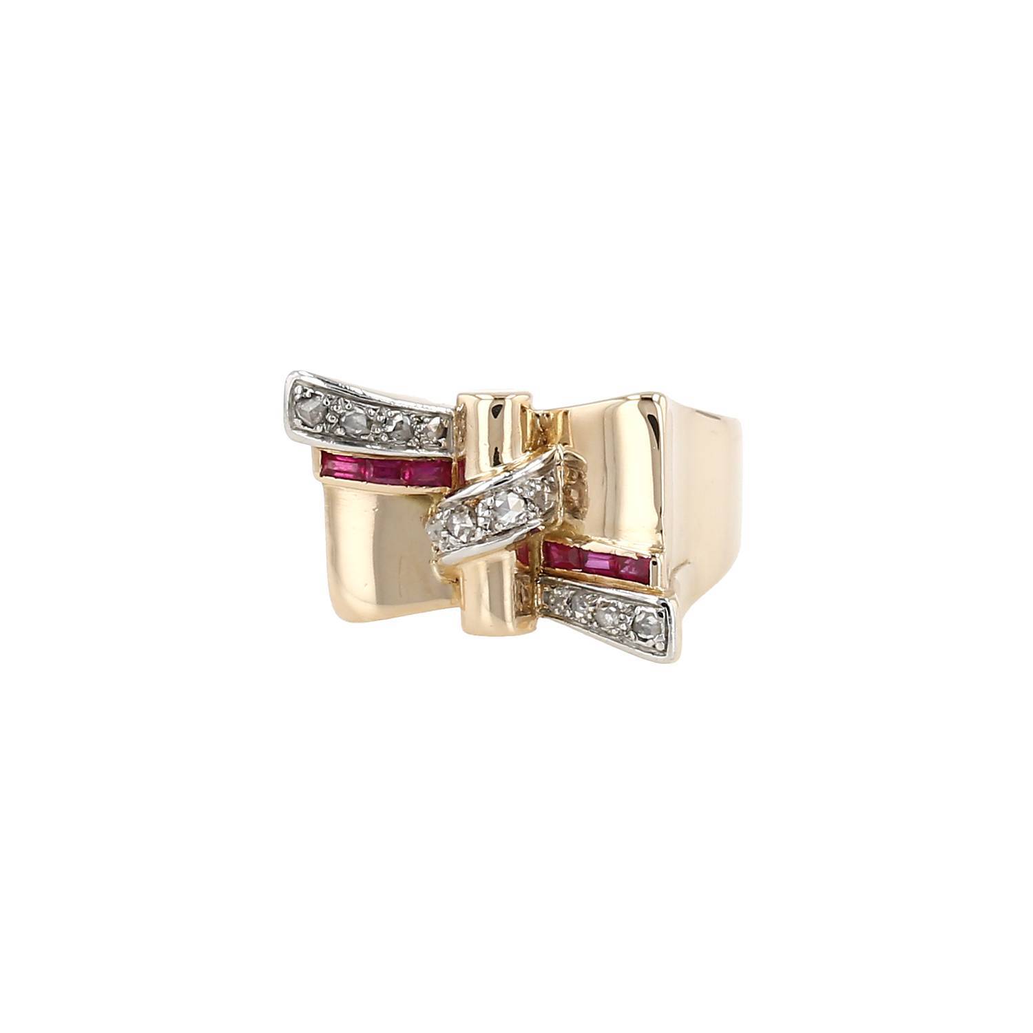 Bague Tank années 1940 Vintage en or rose, diamants et rubis synthétique - 00pp