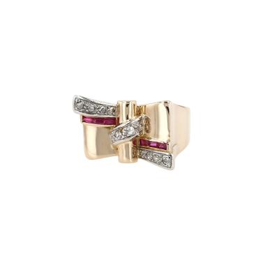 Bague Tank années 1940 Vintage en or rose, diamants et rubis synthétique