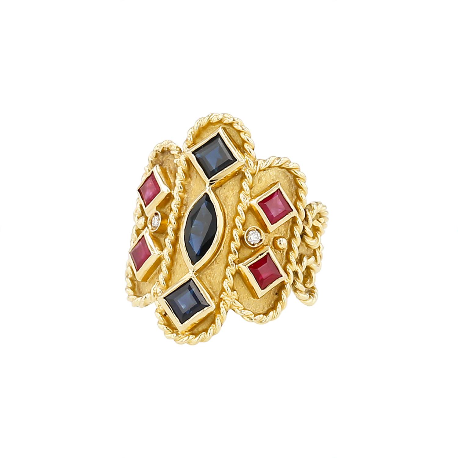 Bague Vintage  en or jaune, saphirs et rubis - 00pp