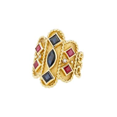 Bague Vintage  en or jaune, saphirs et rubis
