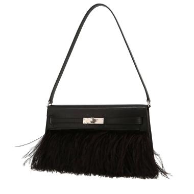 Sac à main Hermès  Kelly Elan Folie en cuir Chamkila noir et plumes d'autruches noires