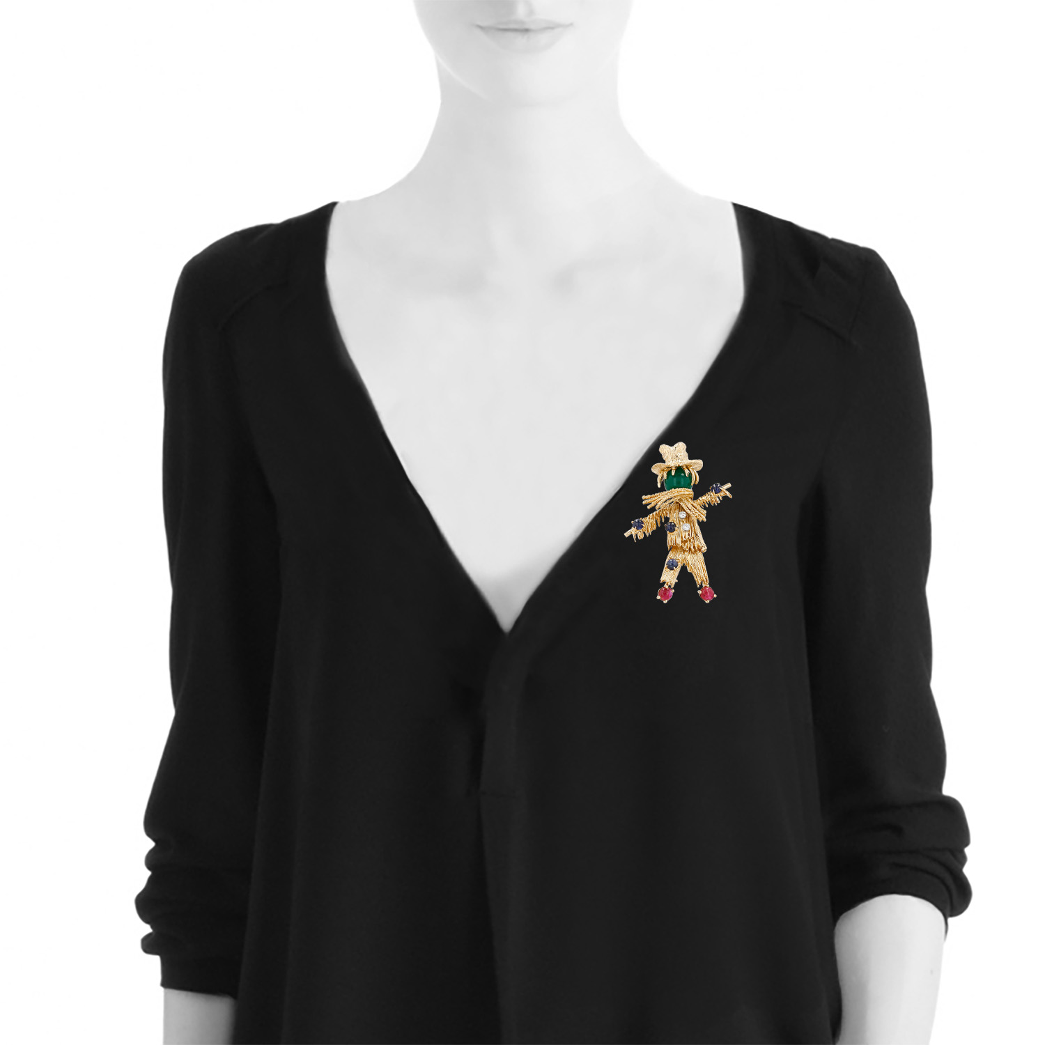 Broche Van Cleef & Arpels Epouvantail en or jaune, diamants et pierres de couleurs - Detail D1