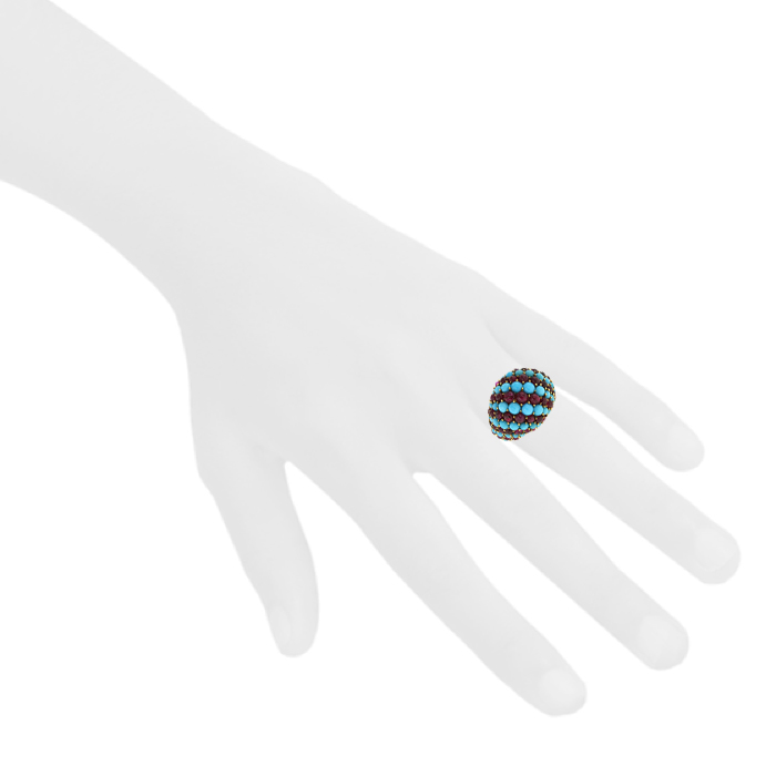 Vintage 1960's boule ring in yellow gold,  turquoises and ruby - Detail D1
