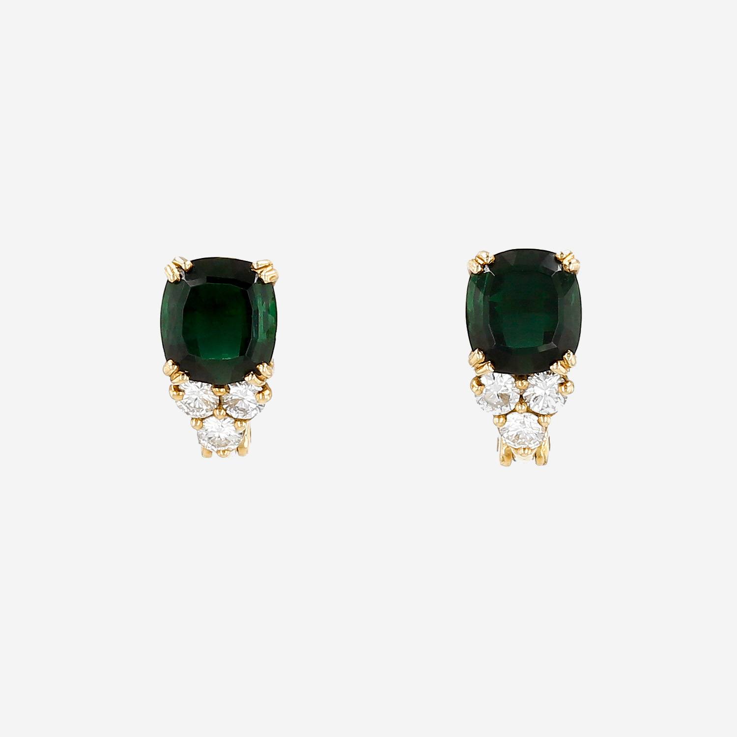 Paire de boucles d'oreilles Vintage  en or jaune, tourmalines et diamants