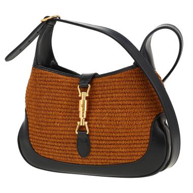Sac à main Gucci  Jackie en raffia marron et cuir bleu