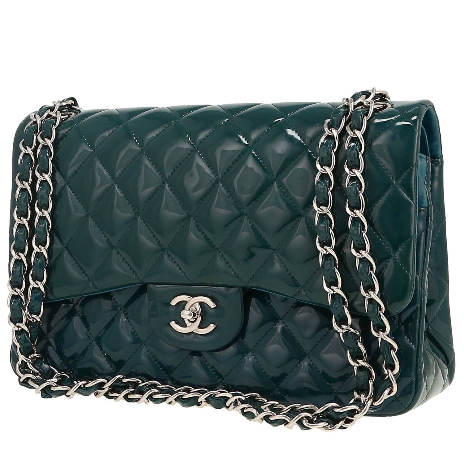 Borsa a tracolla Chanel  Timeless Jumbo in pelle verniciata e foderata blu petrolio