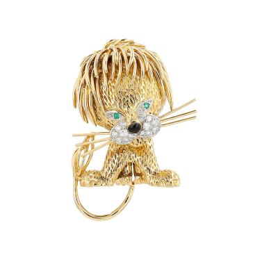 Van Cleef & Arpels Lion Ebouriffé large model 1960's brooch in yellow gold, platinium, diamonds and emeralds