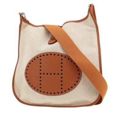 Sac bandoulière Hermès  Evelyne en toile beige et cuir Swift gold
