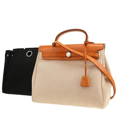 Sac porté épaule ou main Hermès  Herbag en toile beige et cuir naturel